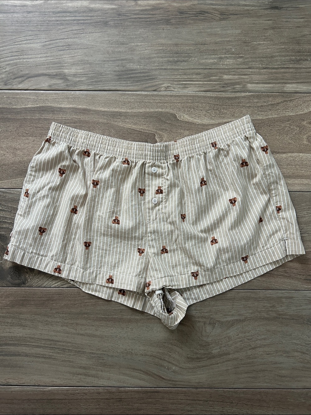 GAP Cream and White Striped Sleep Shorts with Brown Teddy Bear Motif